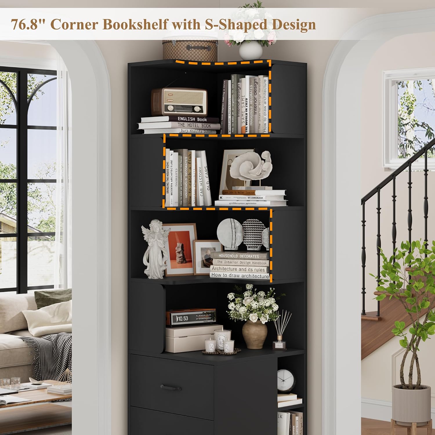 FACBOTALL 76.8' Corner Bookshelf with 3 Drawers and 3 Side Storage Cubbies, L Shaped Tall Bookshelf and Bookcase, 4 Tier Corner Bookcase, Wood Narrow Book Shelf for Living Room, Office, Black