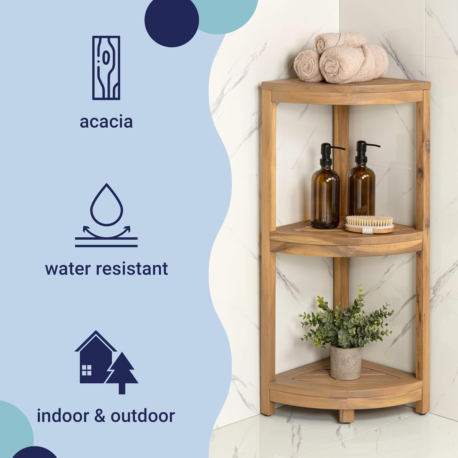 happimess SHF1000T Sela 33' Classic Minimalist 3-Tier Acacia Wood Freestanding Bathroom Corner Shelf, Shower Organizer, Storage Rack for Bath, Office, Kitchen Desktop, Light Teak