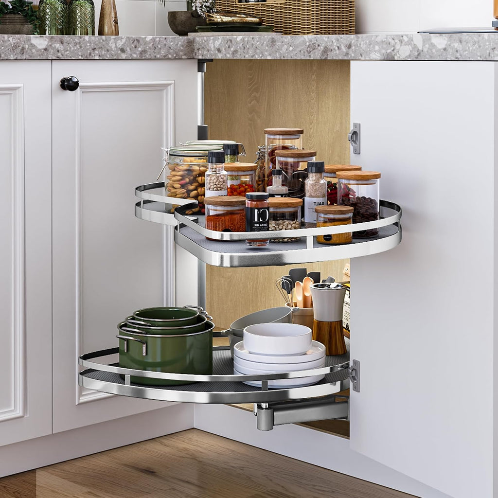 DWVO Corner Cabinet Organizer, 2-Tier Blind Corner Pull Out with 270° Rotating Shelf, Right Swing Tray, Heavy-Duty Iron, Easy-Install Template, 32.7'x17.3'x21.3', Gray