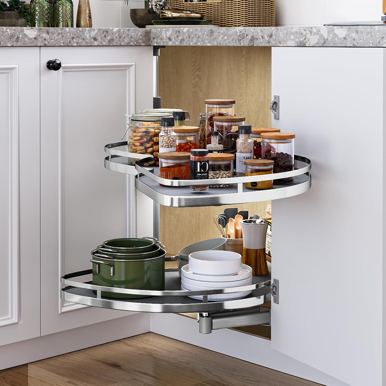 DWVO Corner Cabinet Organizer, 2-Tier Blind Corner Pull Out with 270° Rotating Shelf, Right Swing Tray, Heavy-Duty Iron, Easy-Install Template, 32.7'x17.3'x21.3', Gray