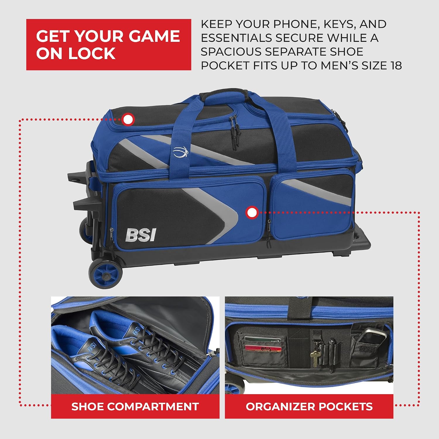 BSI Dash Roller Bowling Bag with Smooth Rolling Wheels, Padded Ball Compartment, Retractable Locking Handle, & Shoe Pocket