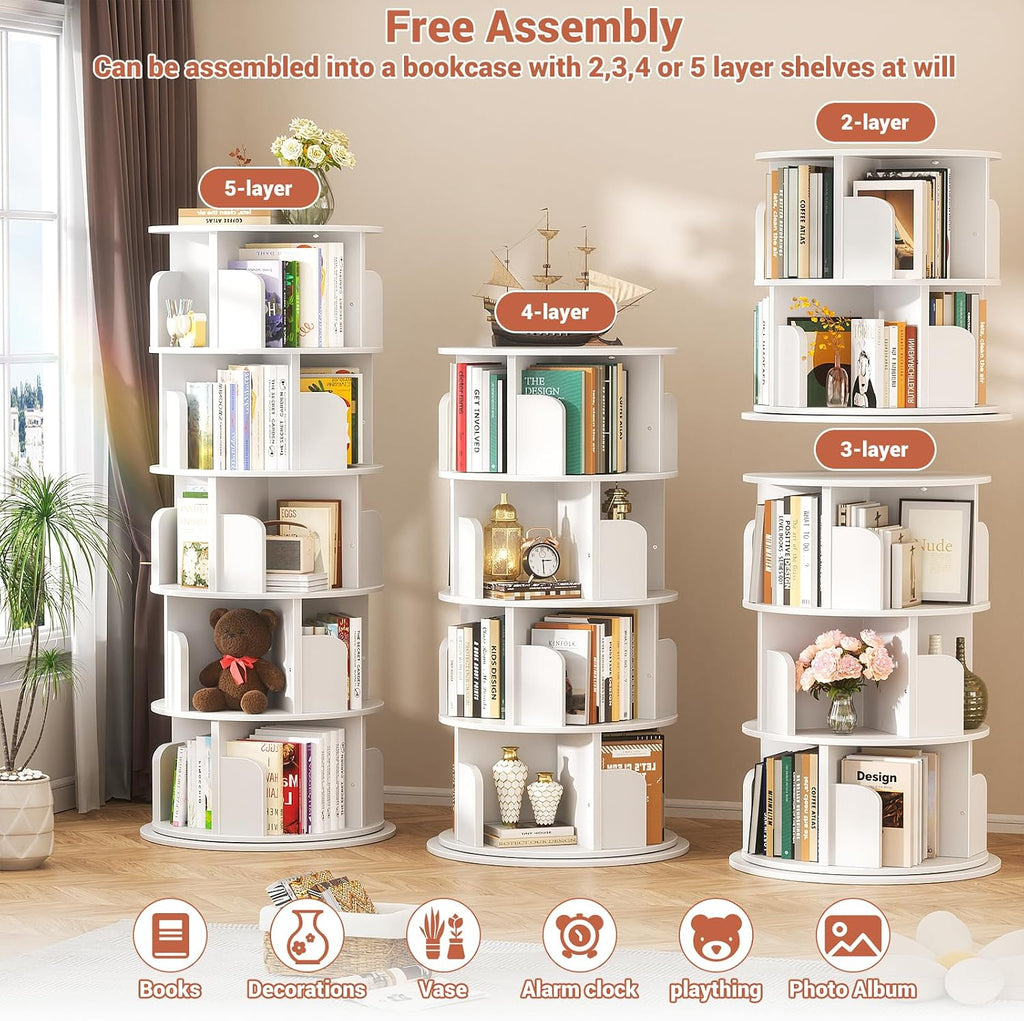 Besiost Rotating Bookshelf Tower, 5 Tier Spinning Bookcase, Revolving 360 Book Shelf Narrow Tall Bookcase, Vertical Turning Round Bookshelf Organizer, Wood Corner Book Shelf for Small Space, White