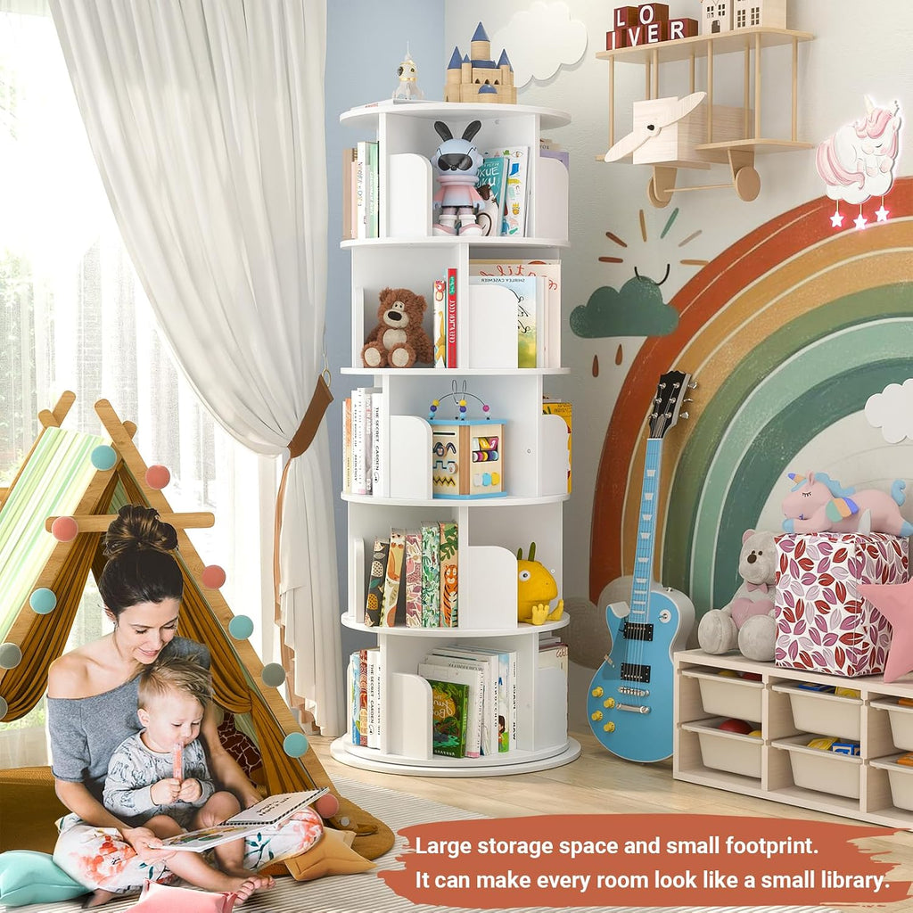Besiost Rotating Bookshelf Tower, 5 Tier Spinning Bookcase, Revolving 360 Book Shelf Narrow Tall Bookcase, Vertical Turning Round Bookshelf Organizer, Wood Corner Book Shelf for Small Space, White