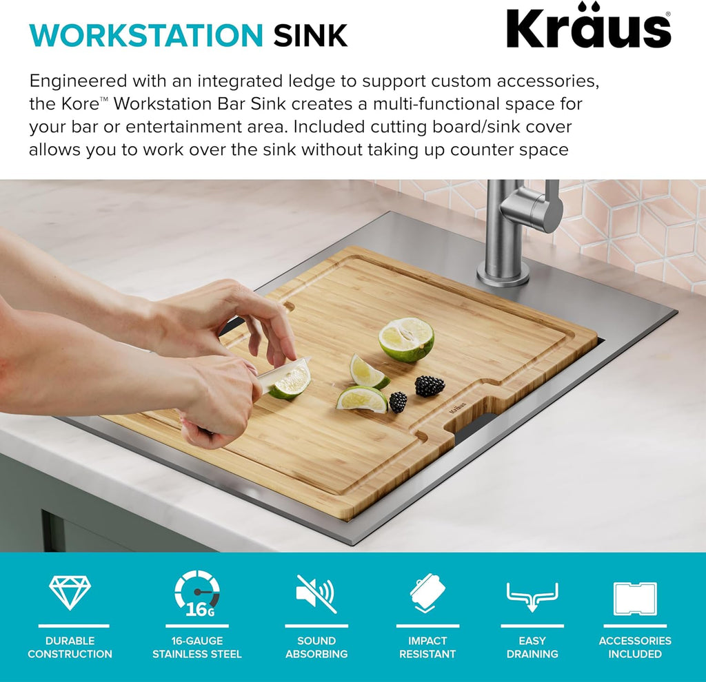 KRAUS Kore 15x22-Inch Drop In/Top Mount Workstation 16 Gauge Single Bowl Stainless Steel Bar Kitchen Sink with Accessories, Kitchen Sinks