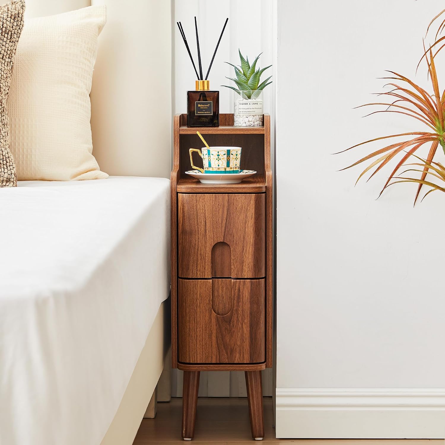 Narrow Nightstand Set of 2, Wood 2 Drawer Small Nightstand, Slim Side Table, Modern Skinny End Bedside Table, Natural Wood Night Stand with Drawers for Bedroom (Walnut-2 pcs)