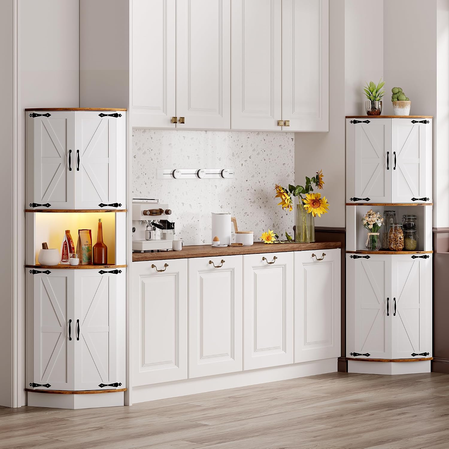 64.6' Farmhouse Corner Cabinet with LED Light, Tall Bathroom Cabinet with 4 Barn Doors and 5 Tier Shelves, Freestanding Corner Bar Cabinet with USB Ports & Outlets for Living Room, Kitchen, Bar, Brown