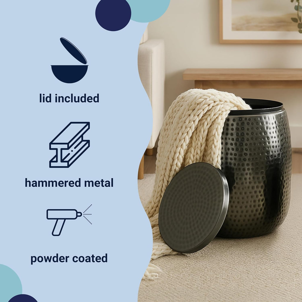 happimess SSL2000B Merida 19' Modern Rustic Hammered Metal Drum Storage Side Table with Lid, End Table for Decoration in Living Room, Bedroom, Bathroom, Antique Nickel