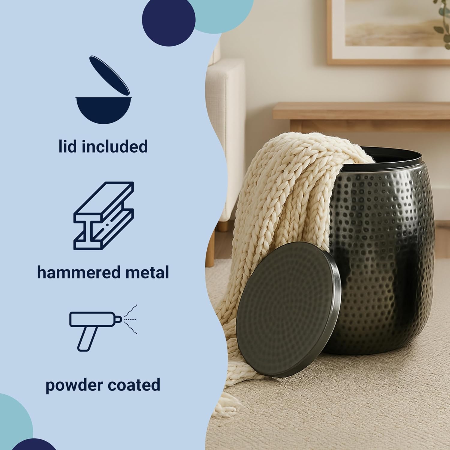 happimess SSL2000B Merida 19' Modern Rustic Hammered Metal Drum Storage Side Table with Lid, End Table for Decoration in Living Room, Bedroom, Bathroom, Antique Nickel