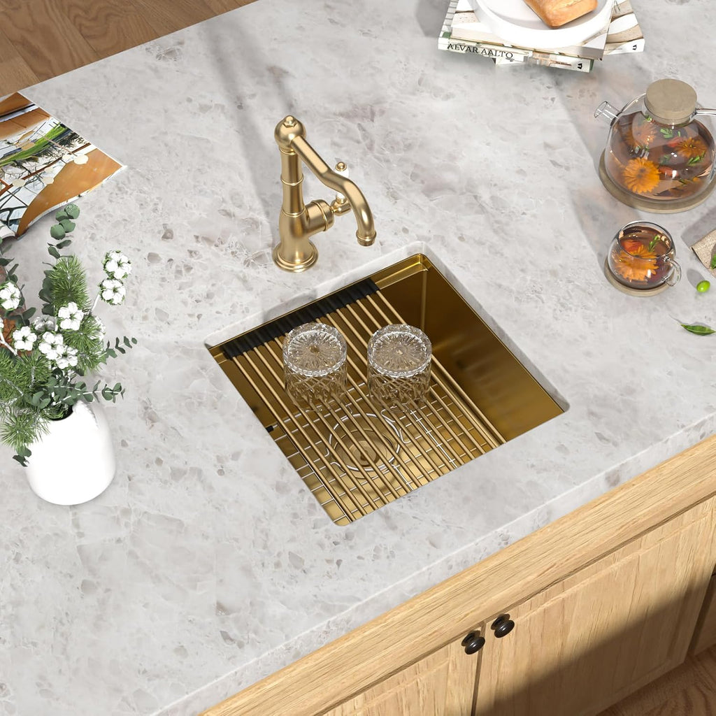 Undermount Bar Sink - 17x17 Inch Workstation Gold Wet Bar Stainless Steel 16 Gauge Single Bowl Under Counter Small Prep Sinks with Cutting Board and Assembly #TLU-0020