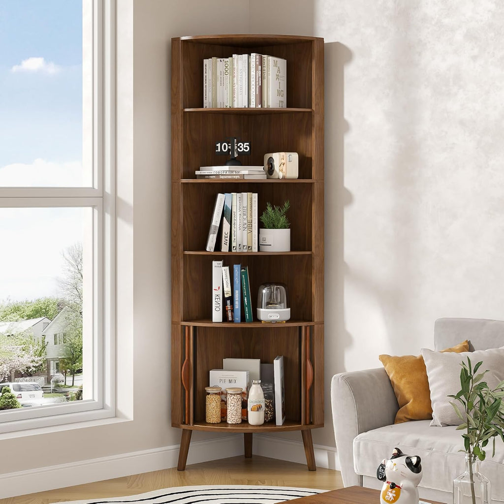 Corner Cabinet, 66.73'' Tall Modern Corner Bathroom Storage Cabinet with 2 Fluted Doors and Shelves, Home Space Saver for Kitchen, Living Room, Study Room(Walnut, 66.73''H)