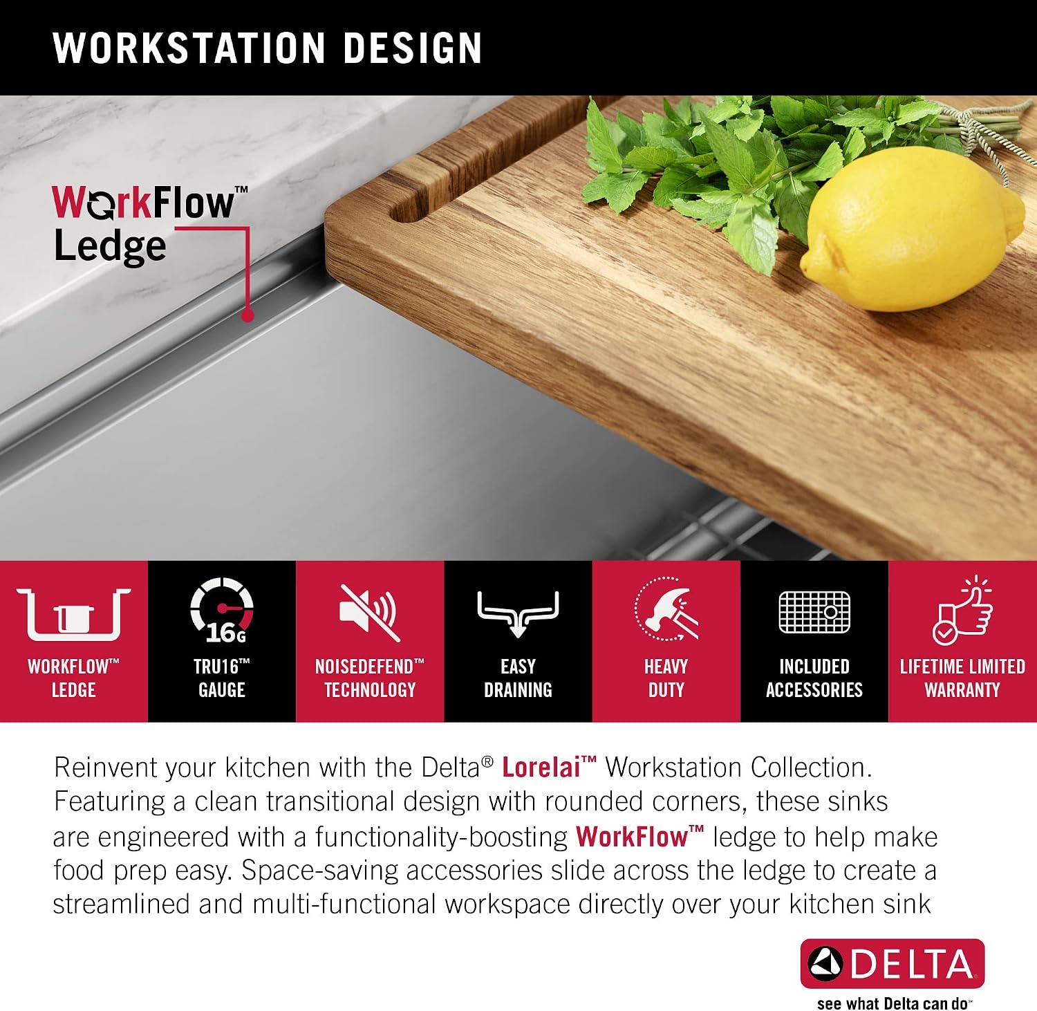 DELTA FAUCET Lorelai 23-inch Workstation Kitchen Sink Undermount 16 Gauge Stainless Steel Single Bowl with WorkFlow Ledge and Kit of 5 Accessories, 95B9132-23S-SS