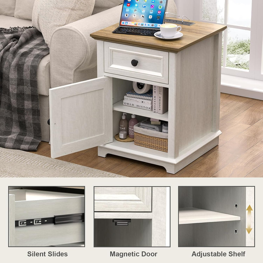 REDAYFUR End Table with Charging Station, Fast Charge, End Table with Drawer, Big Storage Side Table for Living Room/Bedroom, White