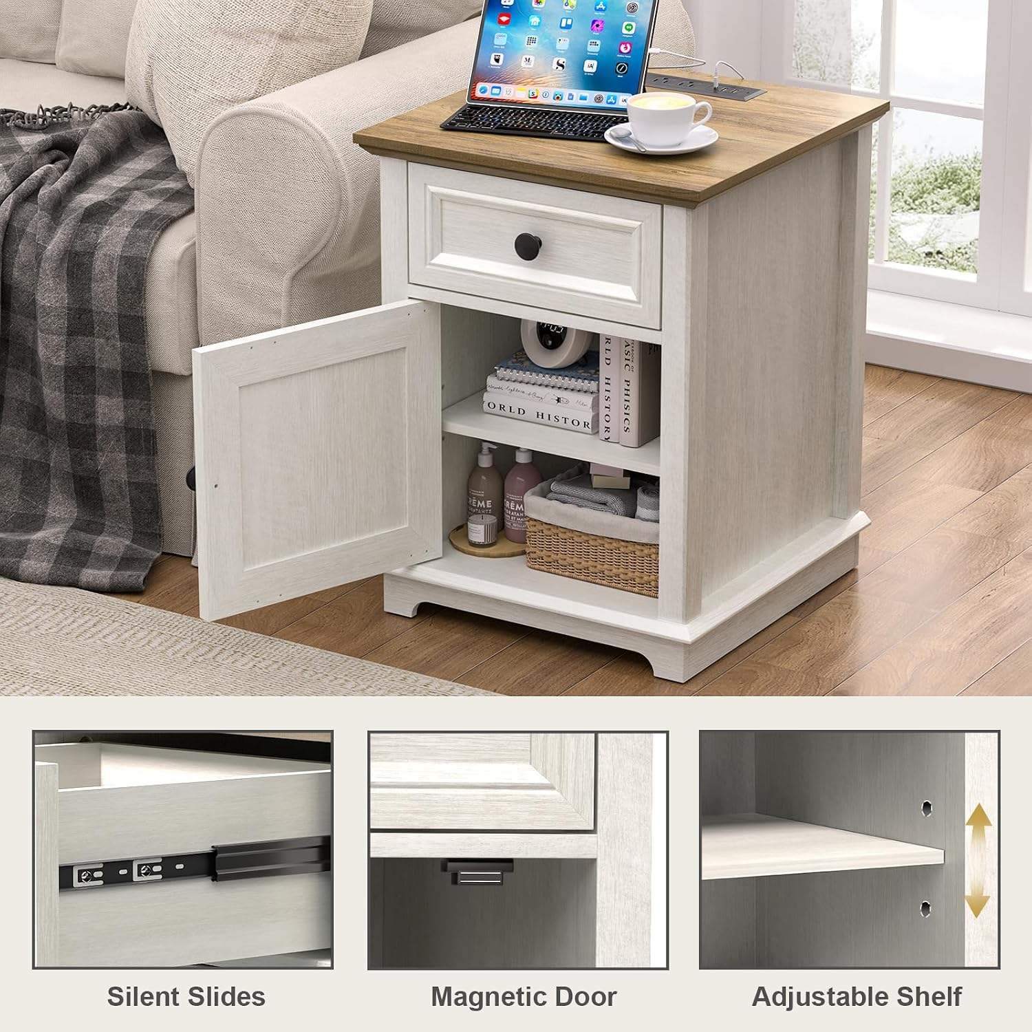 REDAYFUR End Table with Charging Station, Fast Charge, End Table with Drawer, Big Storage Side Table for Living Room/Bedroom, White