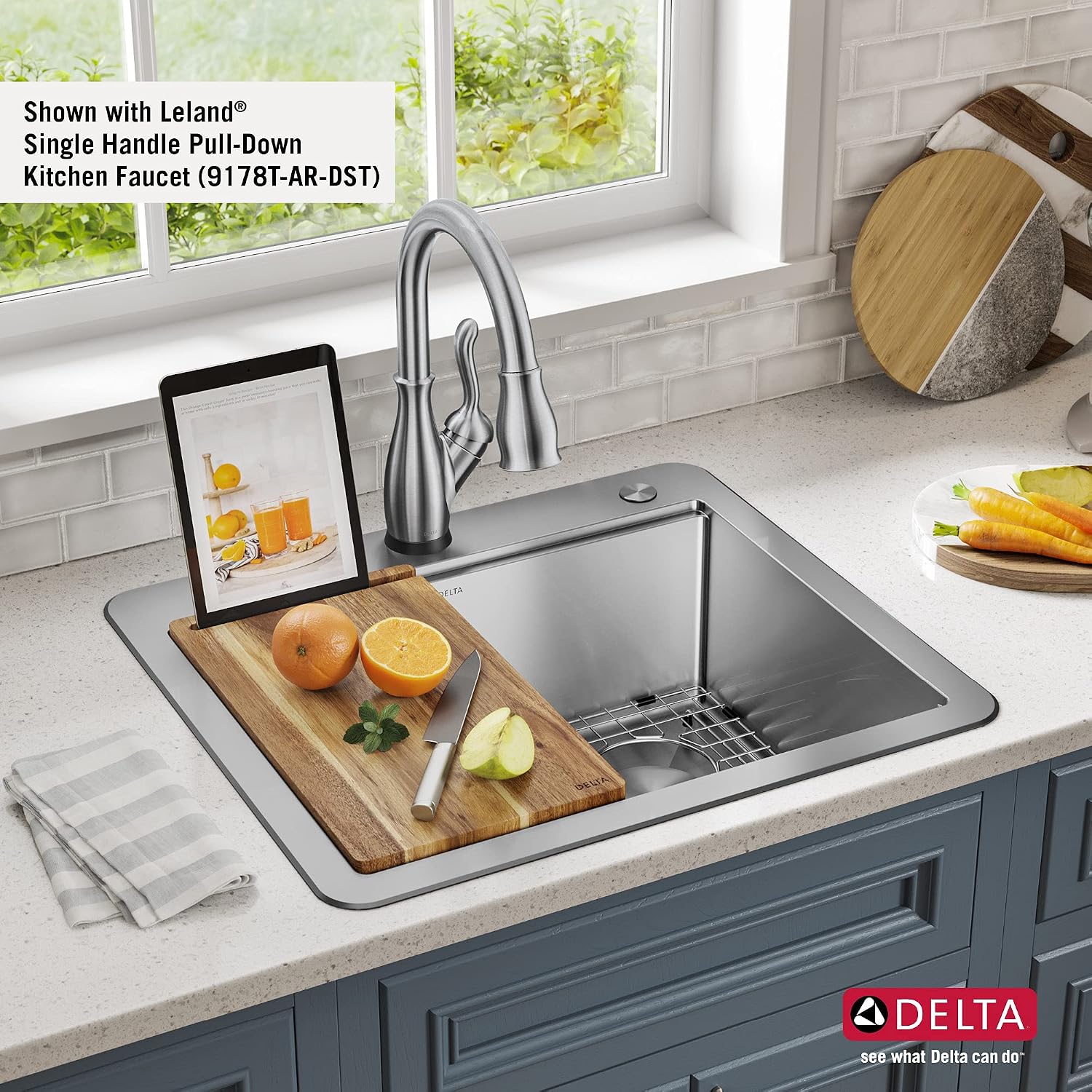 DELTA FAUCET 95A932-25S-SS Lorelai Workstation Kitchen Sink Drop-in Top Mount Stainless Steel Single Bowl with WorkFlow Ledge and Chef's Kit of 5 Accessories
