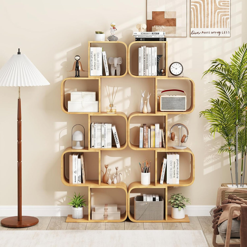 Giantex 5-Tier S-Shaped Bookcase, Bamboo Bookshelf with Open Cubes, Geometric Corner Display Shelf, Decorative Storage Organizer, Floor Storage Rack for Living Room, Home Office, Natural