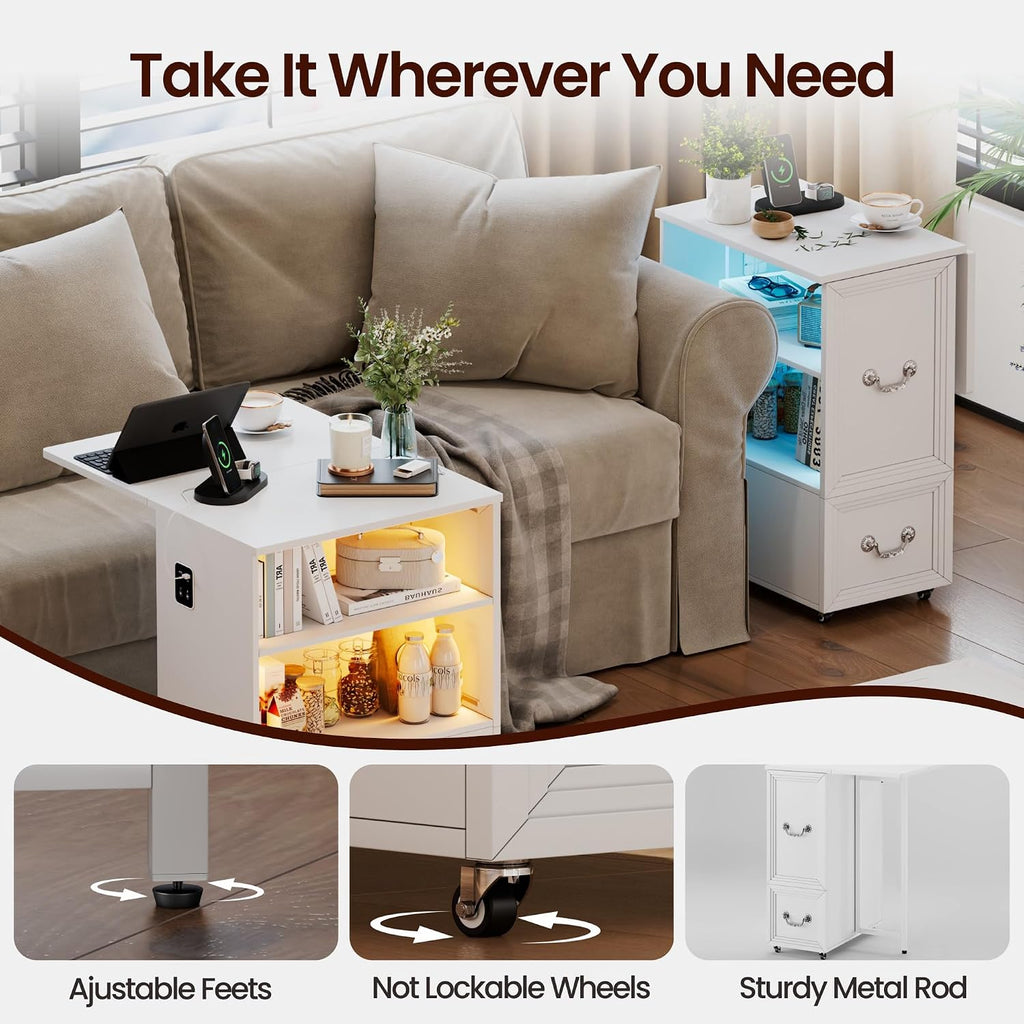 Dystler Side Table Set of 2 with Charging Station and LED Lights, 27.5' Tall Rolling End Table with Drawers and Shelves, Narrow Nightstand with Wheels for Small Space, Living Room, Bedroom, White