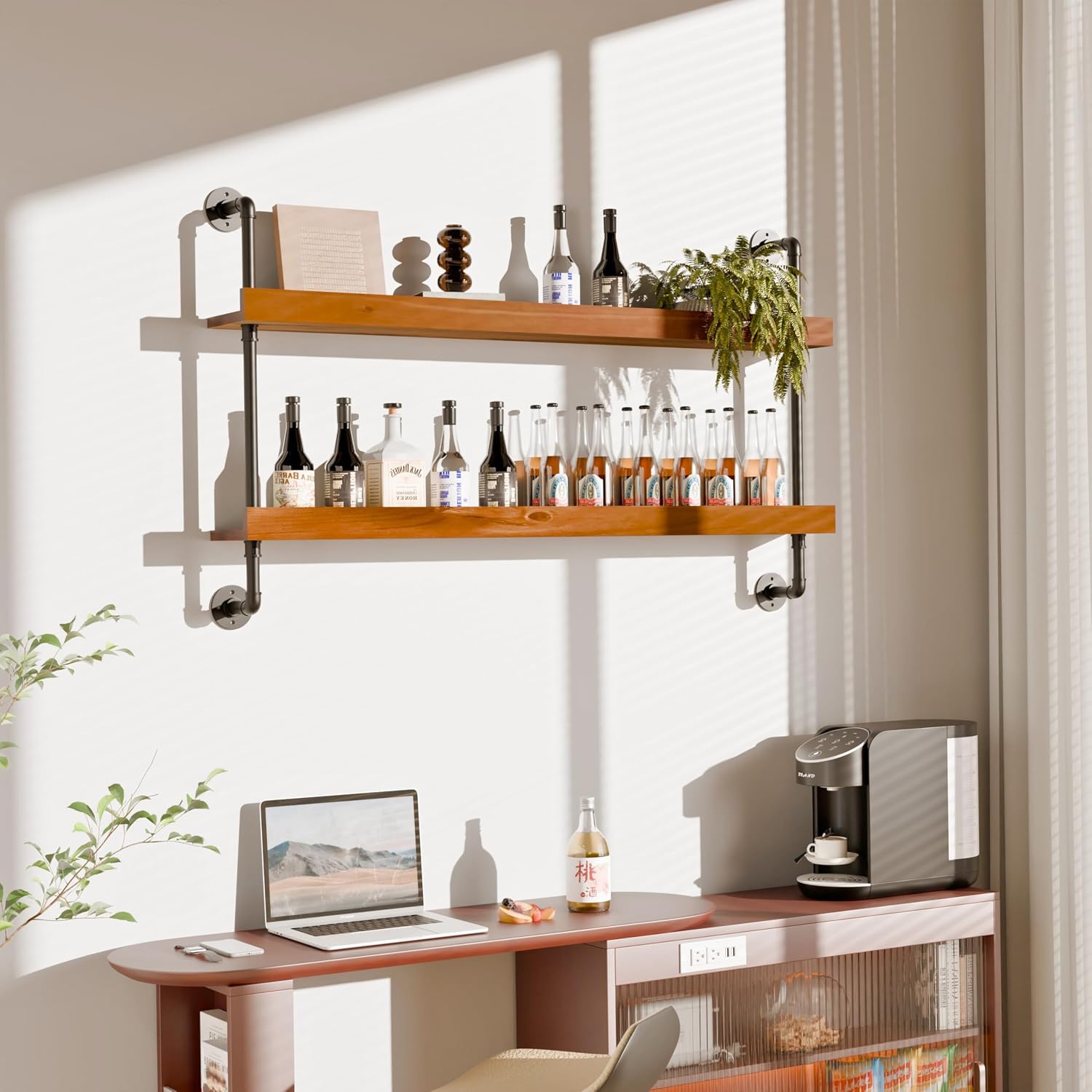 Industrial Wine Rack Wall Mounted, Solid Wood Shelf with Metal Pipe Brackets, 2-Tier Rustic Hanging Organizer for Wine Bottle Storage in Kitchen, Bar, Pub, Cellar(Walnut Brown, 48 Inch)