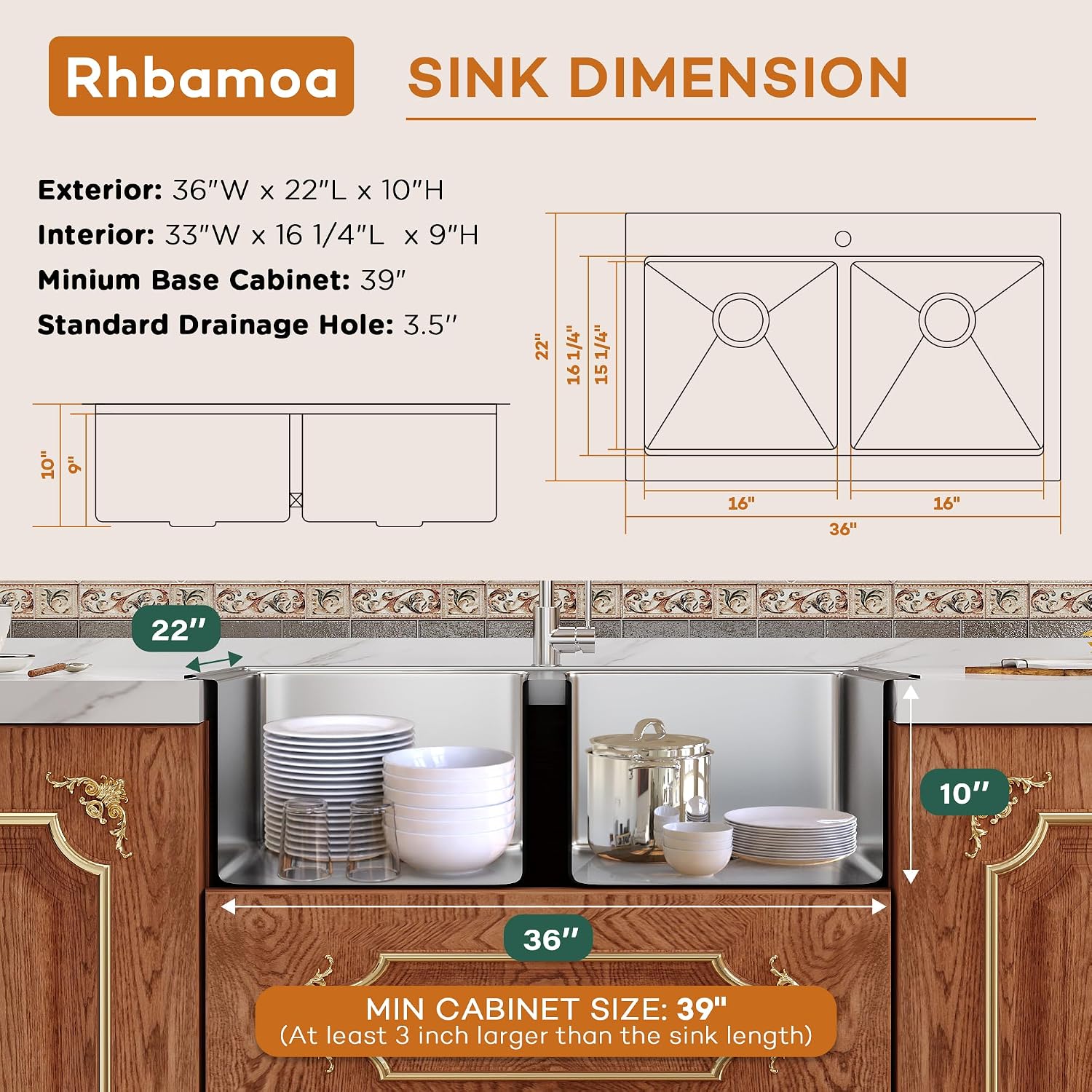 Rhbamoa Double Farmhouse Sink 36 Inch,16-Gauge T304 Stainless Steel Drop In Farm Sink,50/50 Topmount Double Bowl Apron Front Farm Sinks,10 Inch Deep Workstation Sinks with All Accessories