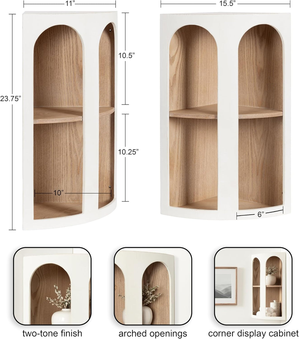 Kate and Laurel Elloree Modern Corner Shelf Cabinet for Storage and Display; 16 x 11 x 24; White and Natural; Transitional Corner Storage for Use as Living Room Shelving or Bedroom Storage Design