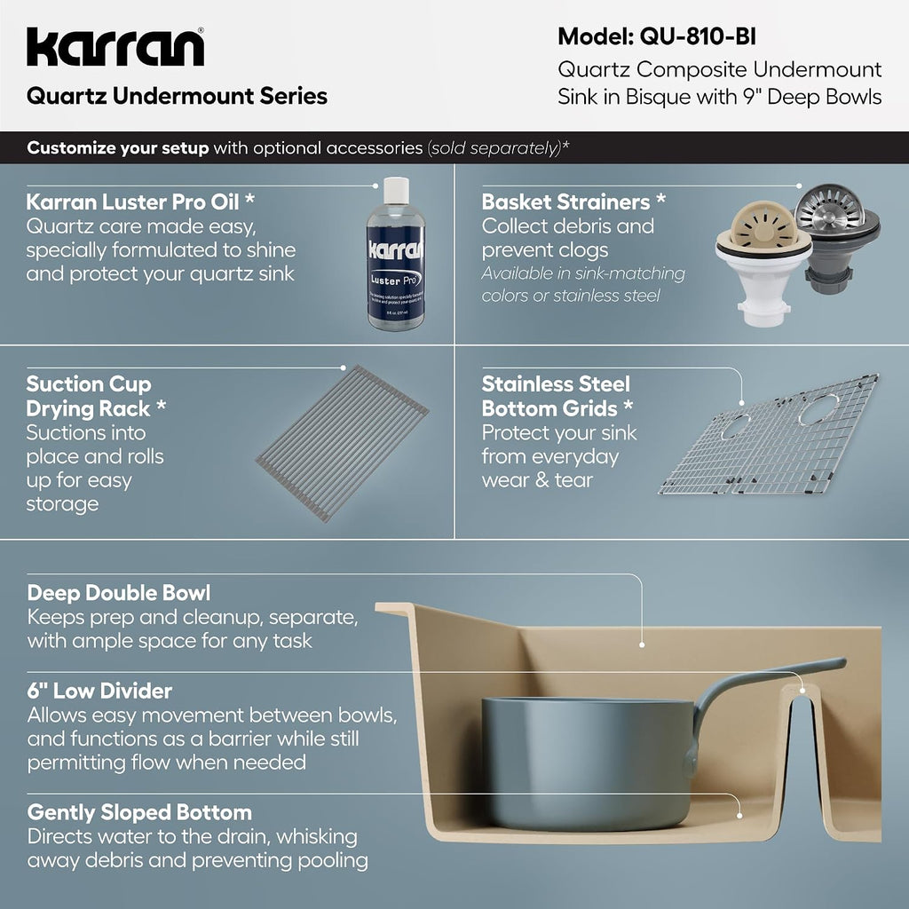 Karran 32' Bisque Quartz Composite Undermount Double Bowl Kitchen Sink with Low Divider – 50/50 Equal Bowl, 80% Natural Quartz, 535°F Heat Resistant, Sound Dampening, QU-810