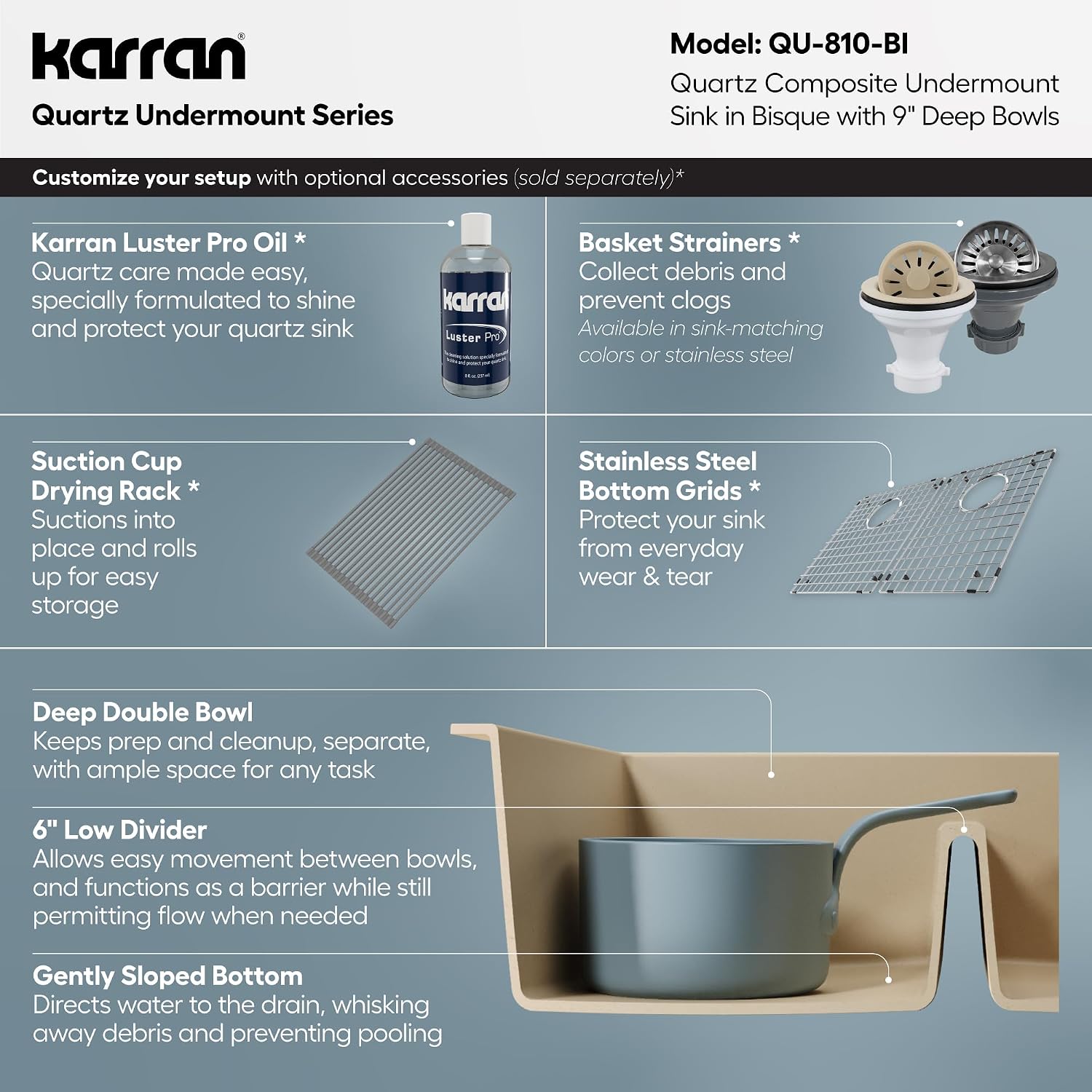 Karran 32' Bisque Quartz Composite Undermount Double Bowl Kitchen Sink with Low Divider – 50/50 Equal Bowl, 80% Natural Quartz, 535°F Heat Resistant, Sound Dampening, QU-810