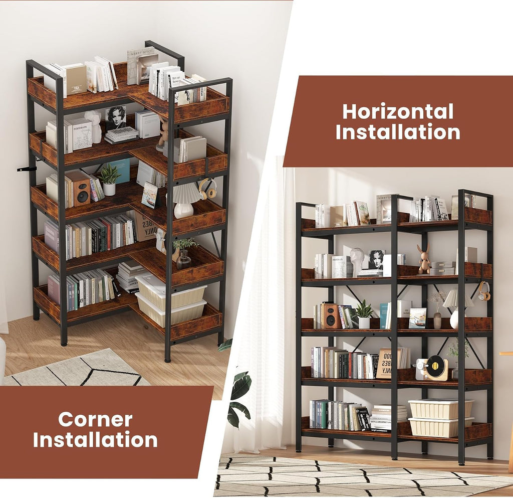 GarveeLife 5-Tier Corner Bookshelf, L-Shaped Reversible Bookshelf, 65' Industrial Wooden Bookcase with Open Shelves, Metal Frame Shelf with Adjustable Feet, Corner Storage Rack for Home Office