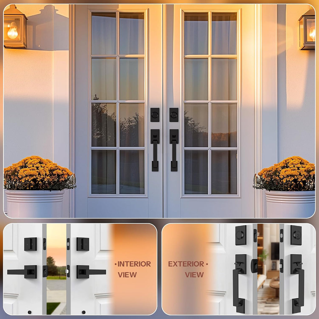 Double Front Door Lock Set, Keyed Entry Front Door Handleset with Dummy, Square Heavy Duty Door Lever and Single Cylinder Deadbolt Combo, Matte Black