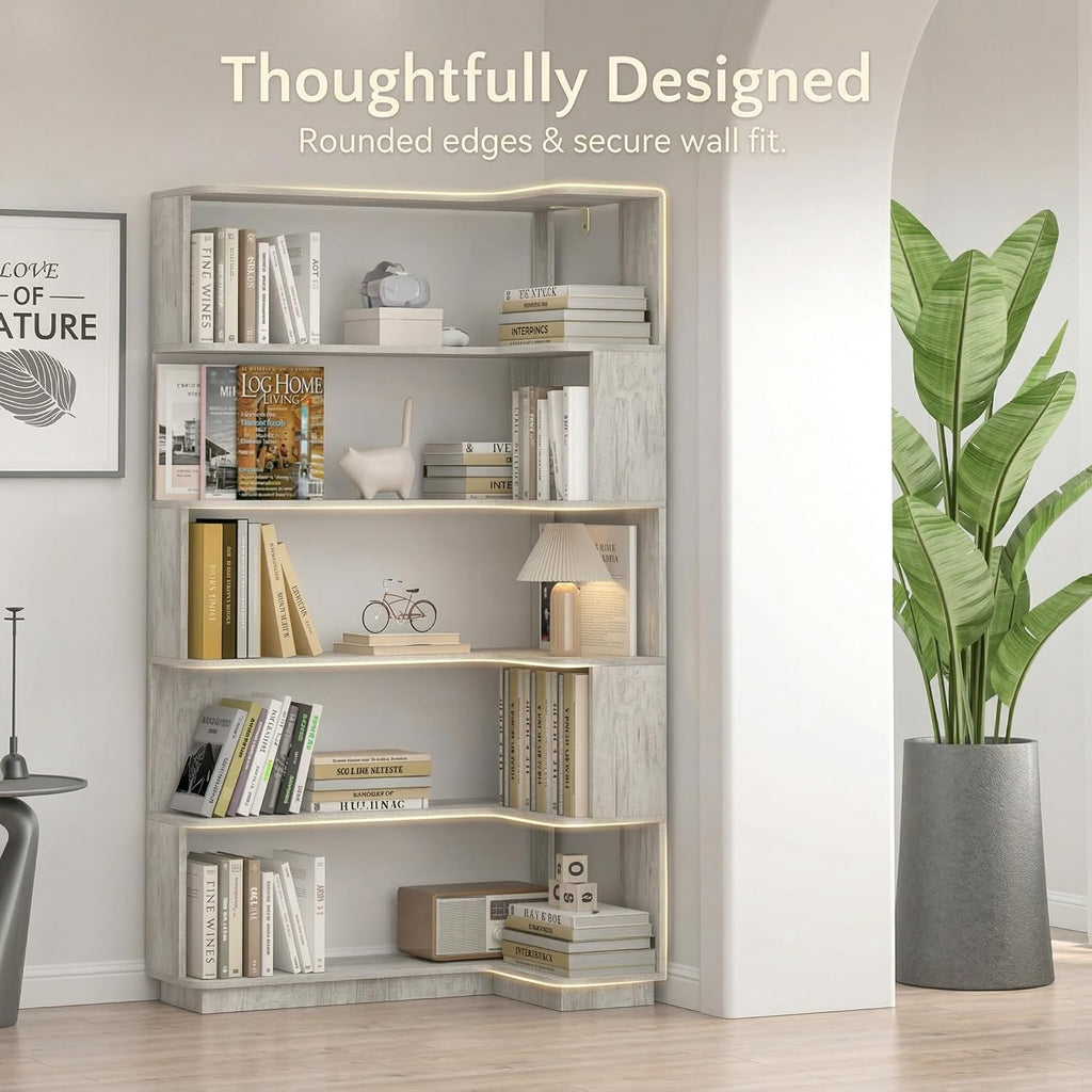 5 Tier Corner Bookshelf, Freestanding L-Shaped Wooden Bookcase with Open Shelves, Anti-Fall Panels and Anti-Tipping Device for Living Room, Home Office (Light Gray with Left Extension)