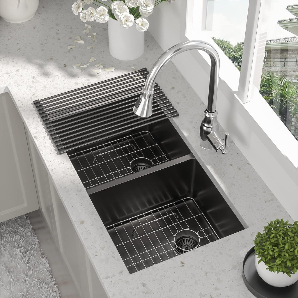 33 Inch Black Undermount Kitchen Sink - Beslend 33'x19'x10' Stainless Steel Gunmetal Black 16 Gauge 10 Inch Deep 50/50 Double Bowl Kitchen Sink Basin, 33 Inch-50/50