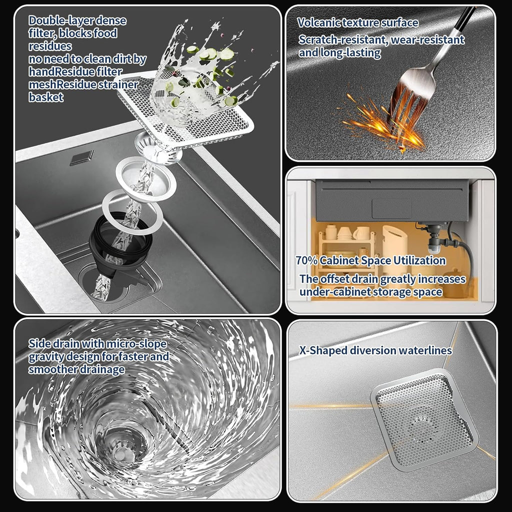 33 x 22 inch Waterfall Smart Kitchen Sink Workstation Topmount 16 Gauge Stainless Steel Kitchen Sink, Single Bowl Multifunctional Sinks with Soap Dispenser Waterfall Faucet Combo Set with Cup Washer