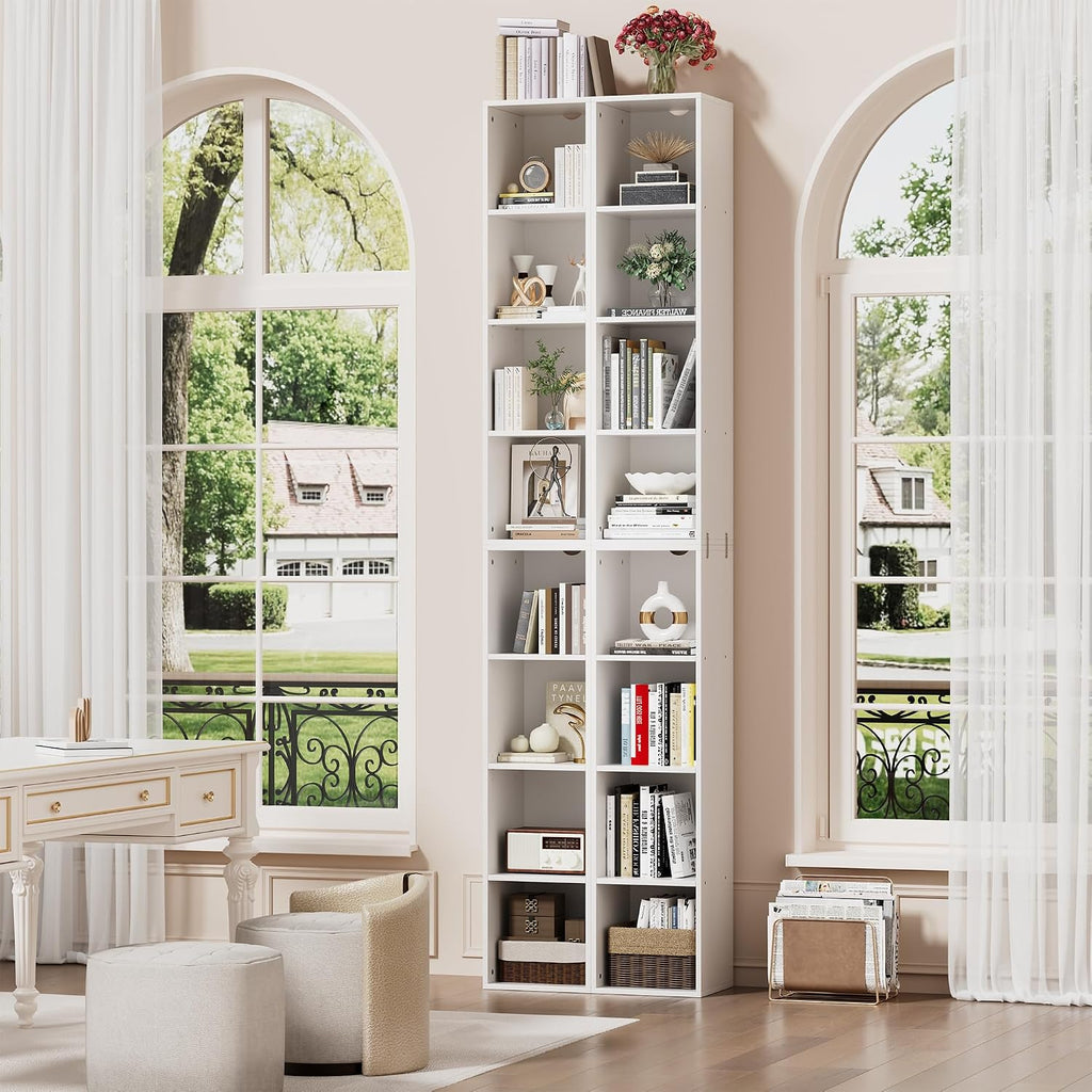 Book Shelf, 8 Tier Bookcase, 82.6 inches Tall Narrow Bookshelf, Wooden 8 Cube Storage Media Shelf, Vertical Slim Book Case with Removal Panels for Living Room, Bedroom, Entrance Hall