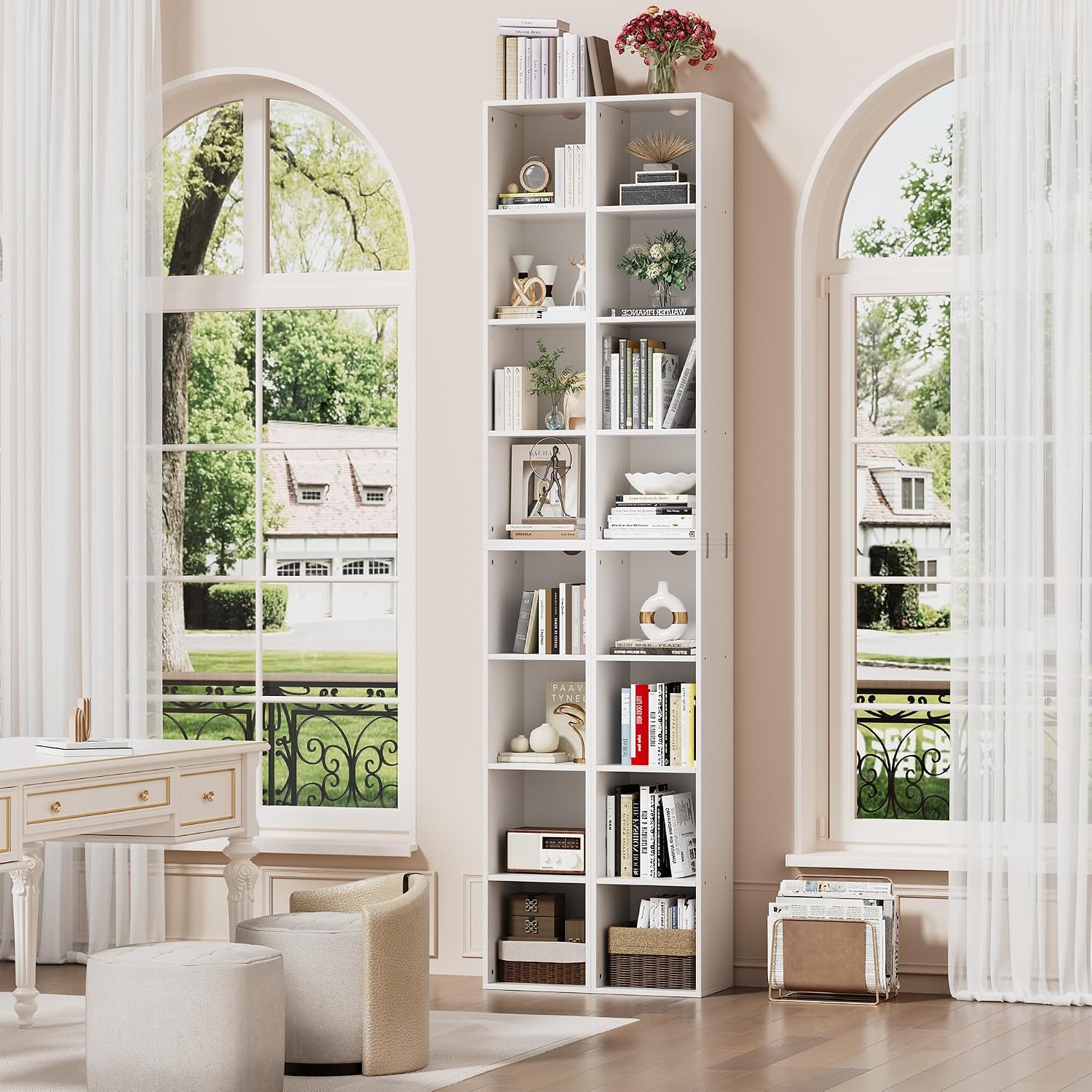 Book Shelf, 8 Tier Bookcase, 82.6 inches Tall Narrow Bookshelf, Wooden 8 Cube Storage Media Shelf, Vertical Slim Book Case with Removal Panels for Living Room, Bedroom, Entrance Hall