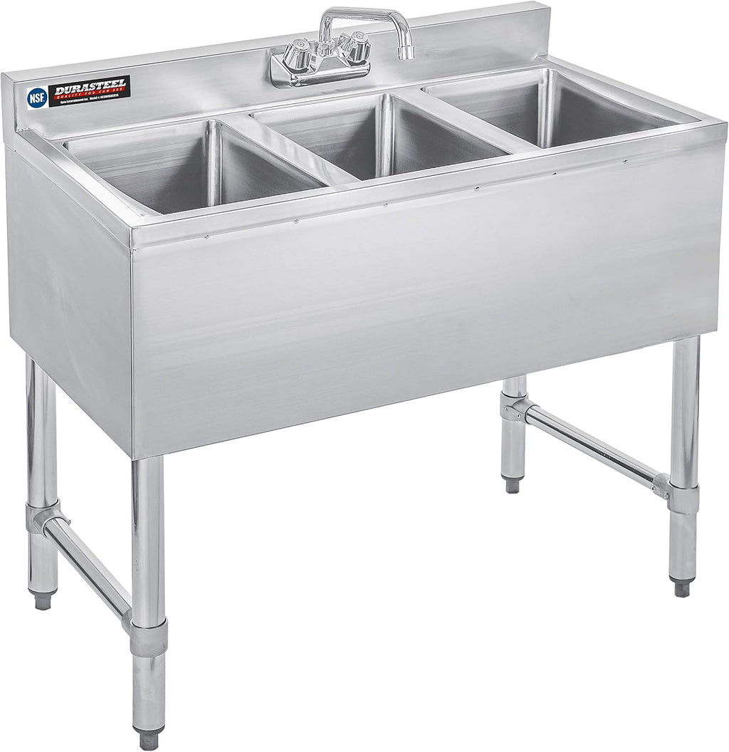 DuraSteel 3 Compartment Sink Commercial Kitchen Sink - NSF Stainless Steel Triple Three Bay Utility with CEC No Lead Faucet - No Drainboard Restaurant Bar Small Garage Slop Prep Food Truck Large