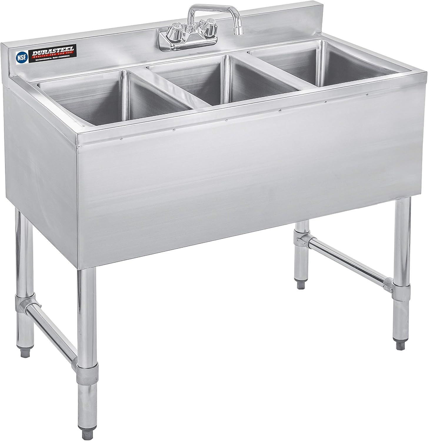 DuraSteel 3 Compartment Sink Commercial Kitchen Sink - NSF Stainless Steel Triple Three Bay Utility with CEC No Lead Faucet - No Drainboard Restaurant Bar Small Garage Slop Prep Food Truck Large