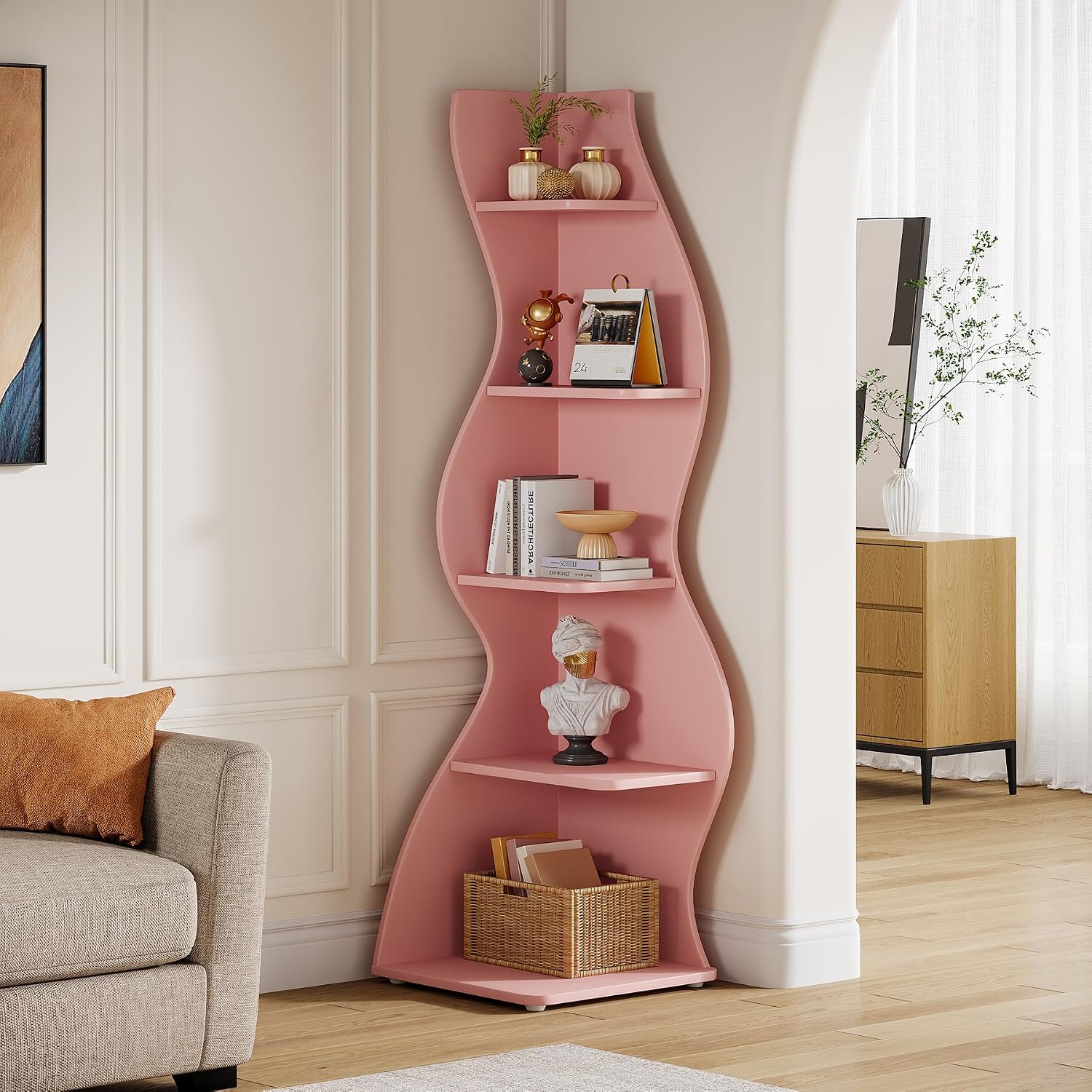 Tribesigns Wavy Corner Shelf Set of 2, Modern 5-Tier Bookshelf Etagere Bookcase with Curvy Shape, Unique Plant Stand Display Shelf for Living Room Small Space (Pink)