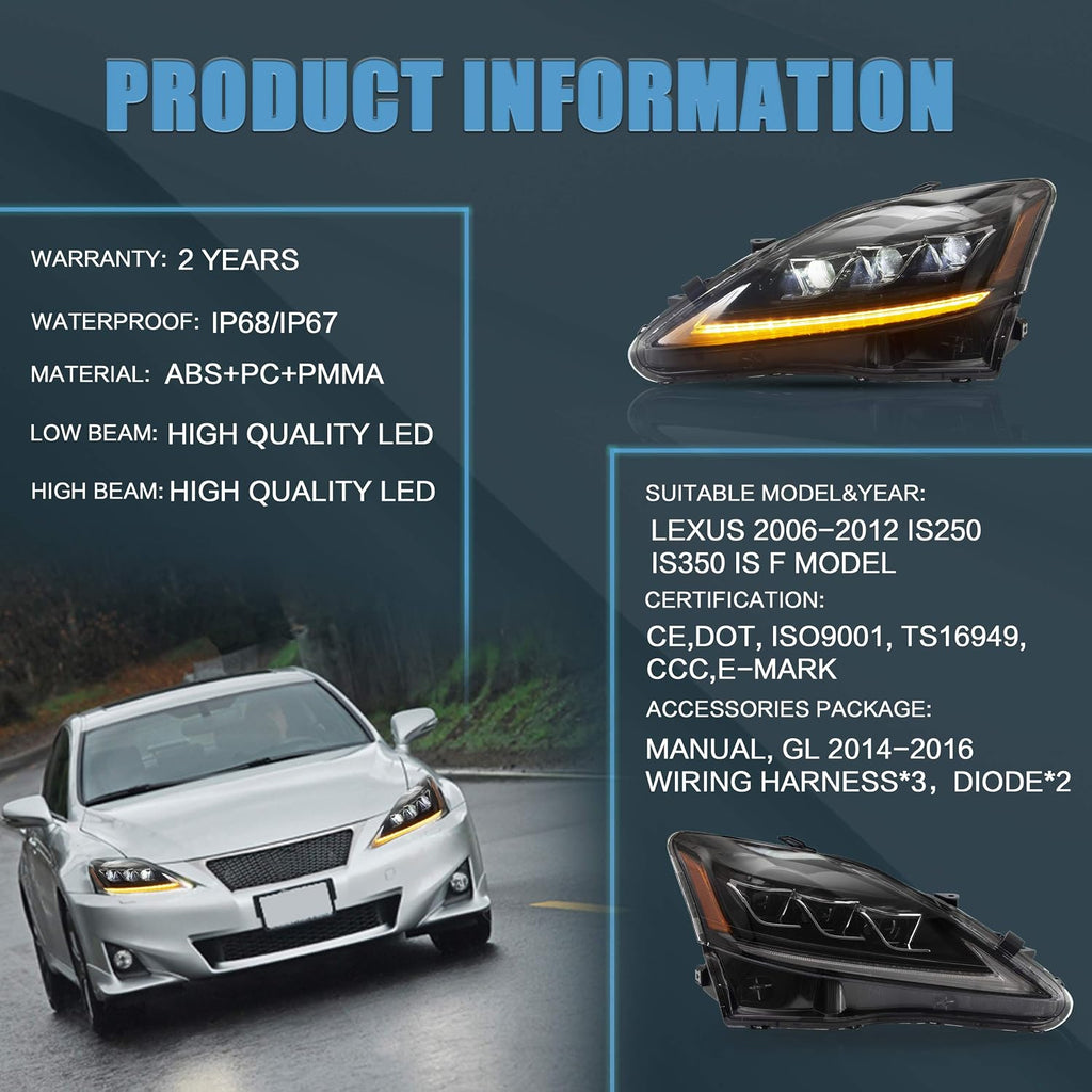 VLAND Headlights and Tail lights Fit for Lexus IS250 IS350 IS22d 2006-2012, ISF 2008-2014 4-Door Plug-and-play, (Amber+Smoked)