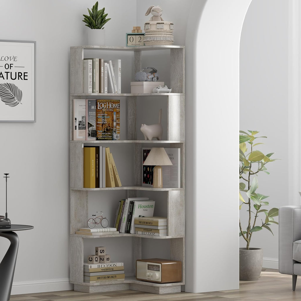 GDFStudio 64.6' Tall L-Shaped Corner Bookshelf, 6-Tier Freestanding Corner Shelf Bookcase with Anti-Drop Panels, Wooden Open Back Display Shelves Organizer for Living Room Bedroom Office, Light Gray