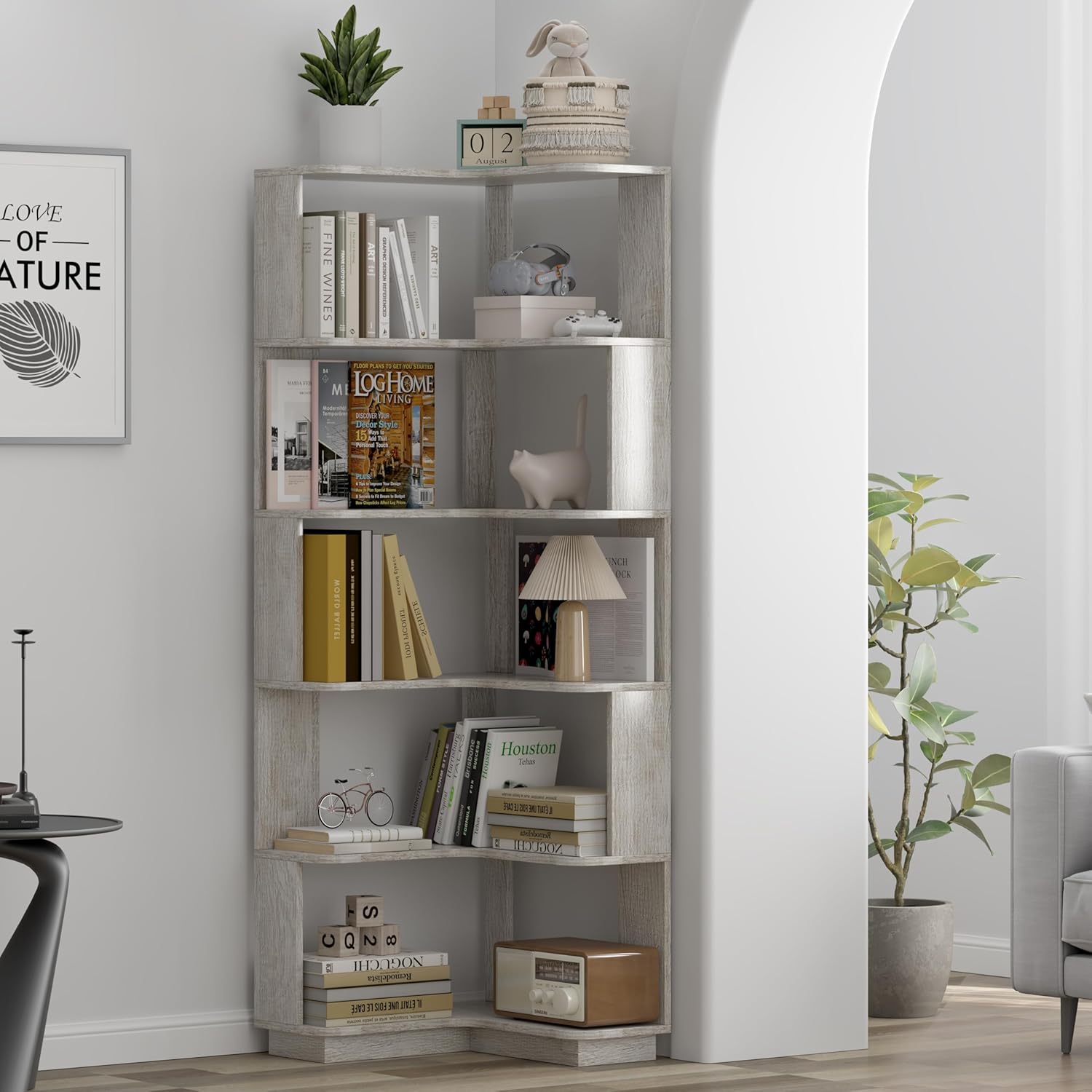 GDFStudio 64.6' Tall L-Shaped Corner Bookshelf, 6-Tier Freestanding Corner Shelf Bookcase with Anti-Drop Panels, Wooden Open Back Display Shelves Organizer for Living Room Bedroom Office, Light Gray