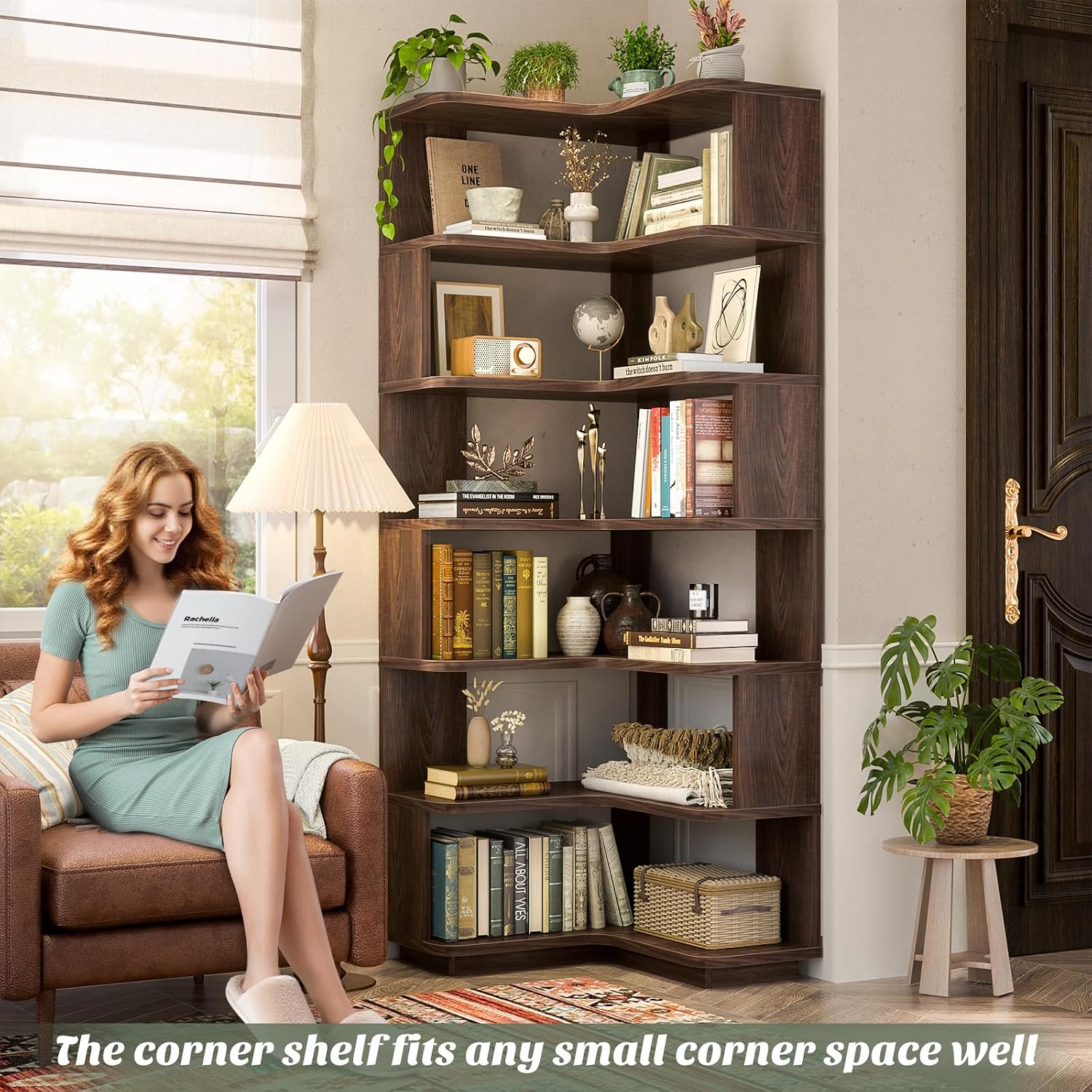 Armocity Corner Book Shelf - 7 Tier Corner Bookshelf Etagere Bookcase with Baffle, Freestanding L Shaped Display Shelf Stand for Home Office, Living Room, Bedroom, Kitchen, Black Walnut