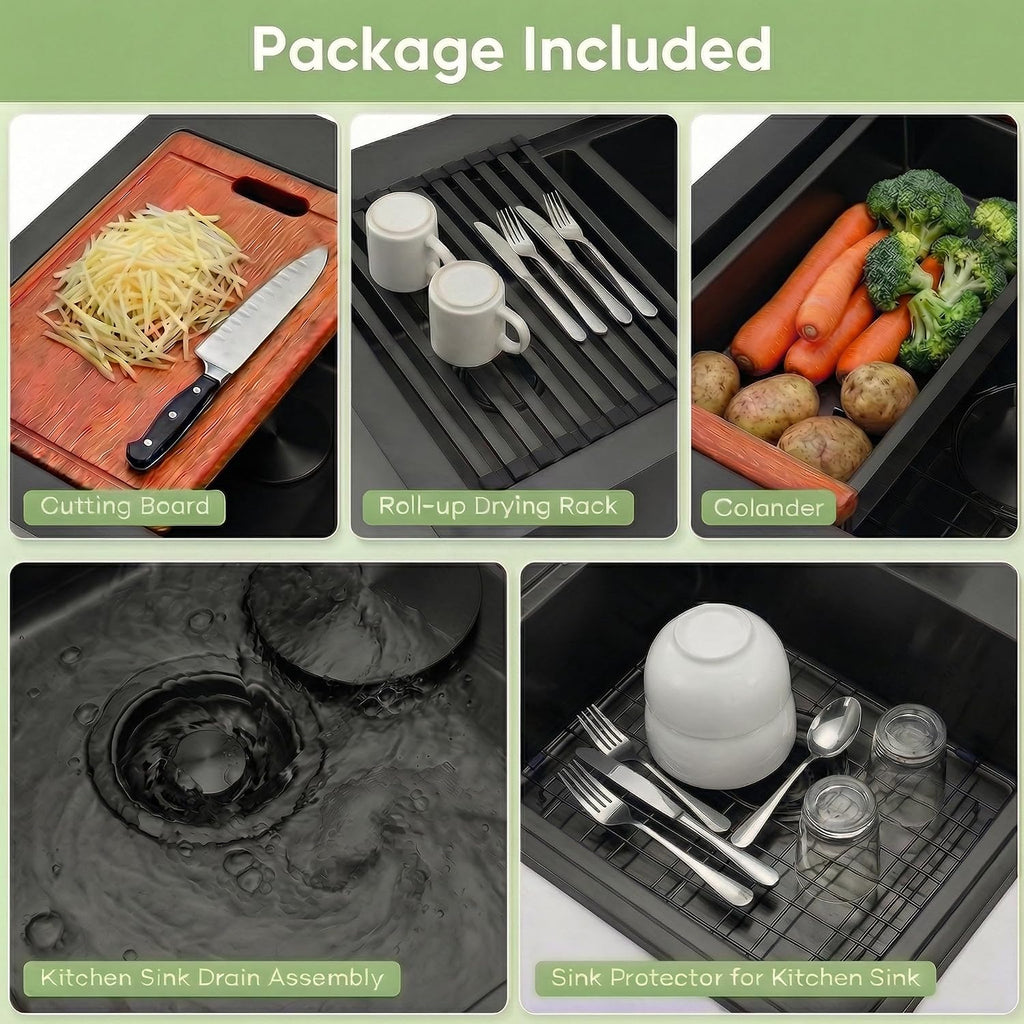LQS Double Bowl Kitchen Sink, Undermount/Drop In Kitchen Sink, Double Bowl Stainless Steel Kitchen Sinks, 16 Gauge Stainless Steel Handmade Sinks (Black, 30' x 22' x 10')