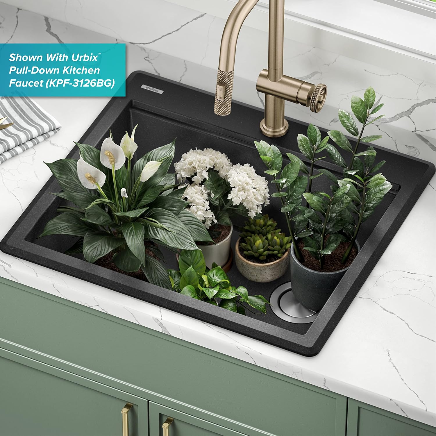 KRAUS Bellucci 25-inch Granite Workstation Drop In Top Mount Single Bowl Kitchen Sink in Metallic Black with Accessories, KGTW12-25MBL