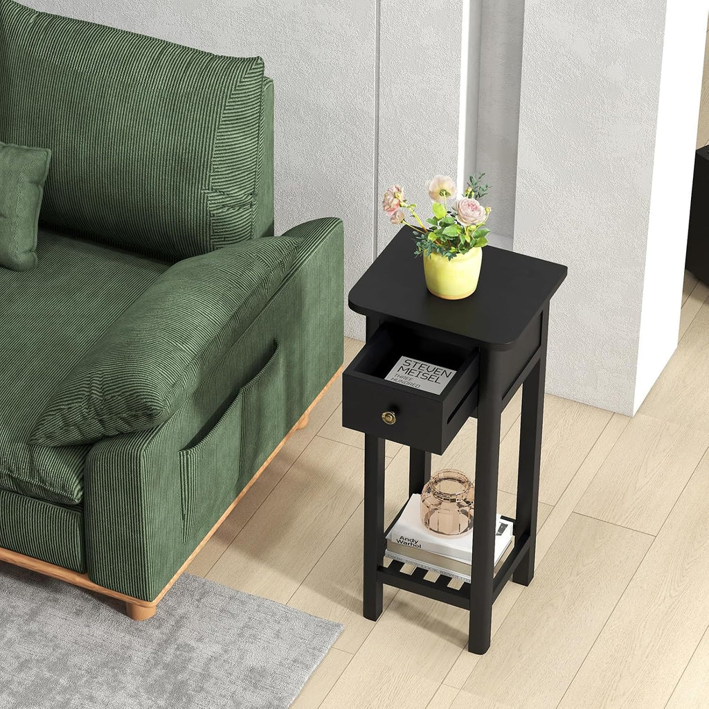 GOFLAME Narrow Side Table Set of 2, Small End Table with Drawer & Shelf, Farmhouse Acacia Wood Tall Sofa Side Table, Slim Nightstand Bedside Table for Small Space Living Room, No Assembly, Black