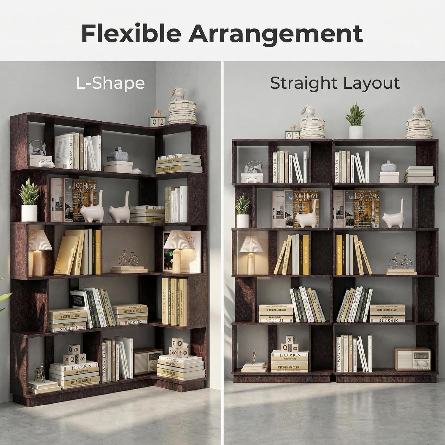 Corner Bookshelf, L Shaped, Set of 2, Ox Blood Red | Modular Geometric Design, Large Storage Display, Freestanding Wooden Unit, For Living Room Home Office