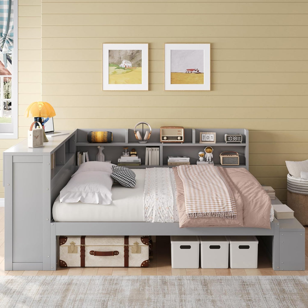 Merax Full Size Daybed with Storage Cabinets, Shoe Cabinet and USB Ports for Kids or Teens, Wood Full Daybed with Headboard, L-Shaped Corner Bed Full Size for Guestroom Living Room or Bedroom, Gray
