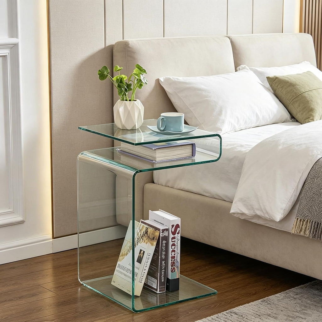 Glass Nightstand,Side Table,S-Shaped End Table for Living Room,Bedside Table for Bedroom (Clear)