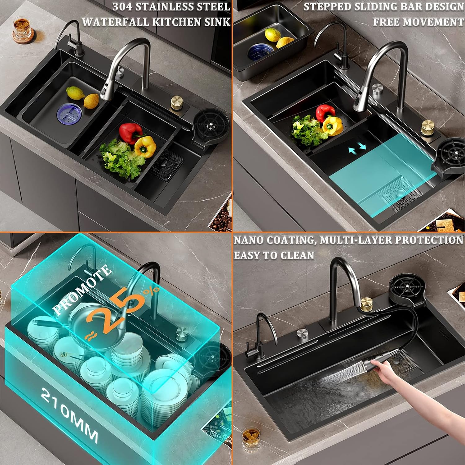 Black Nano Single Bowl Kitchen Sink 304 Stainless Steel Waterfall Bar Sink Multi-Function Rv Sink with Pull-Out Faucet and Cup Washer Drop in Or Under Mount(Black-60x45x21cm