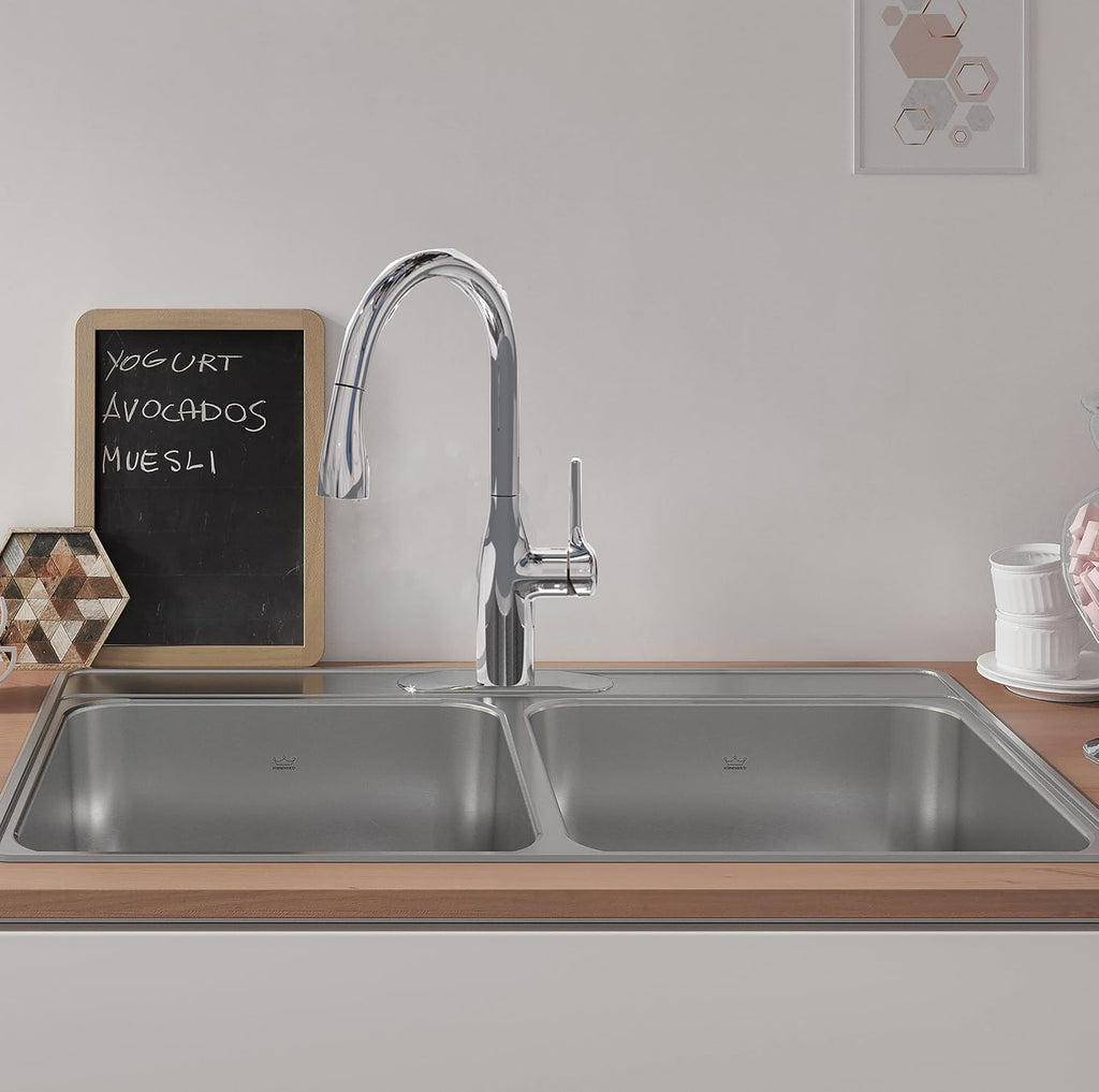 Kindred Creemore 33-in LR x 22-in FB x 7-in DP Drop In Double Bowl 3-Hole Stainless Steel Kitchen Sink, CDLA3322-7-3N