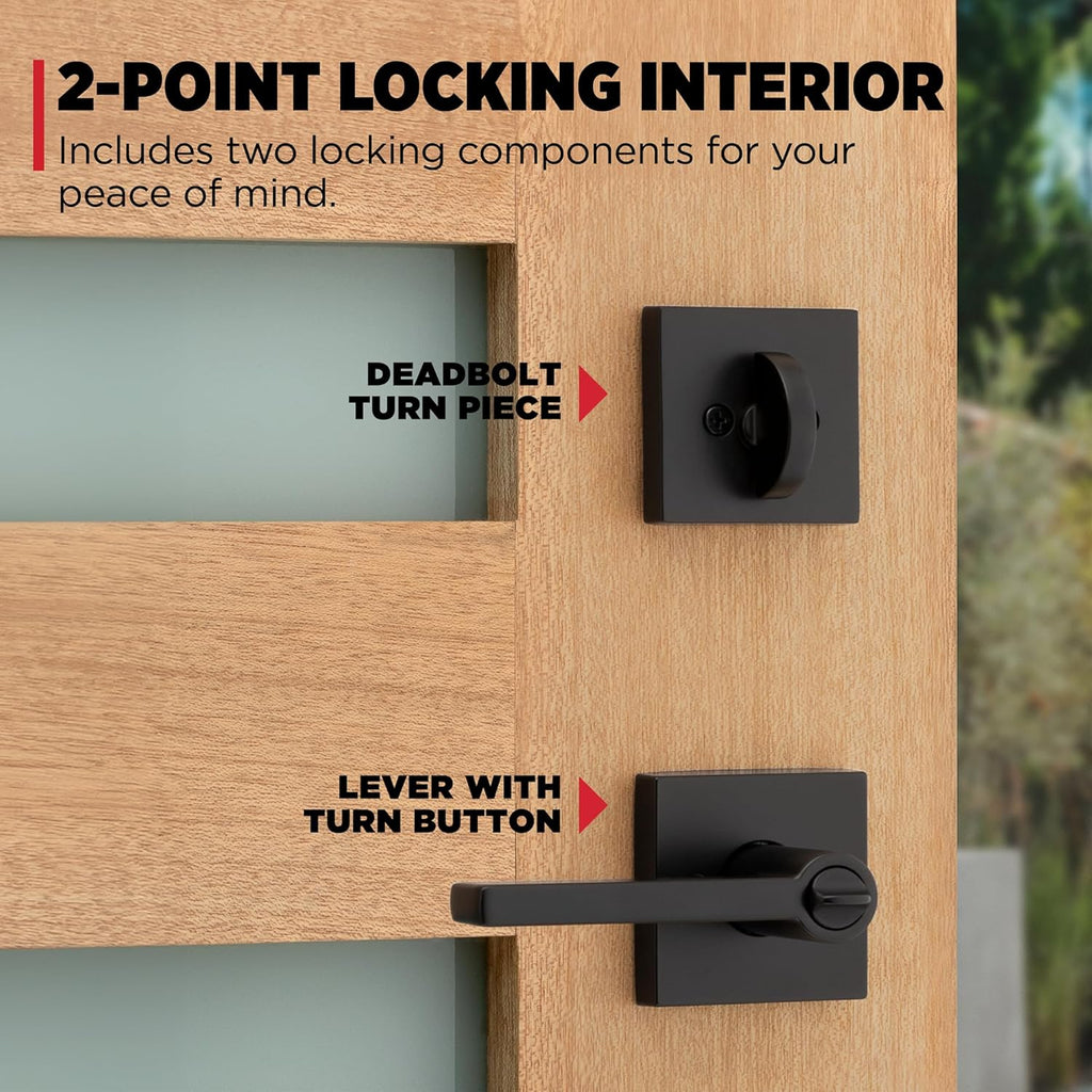 Kwikset Peralta Front Door Lock Handle and Deadbolt Set, Entry Handleset Exterior with Interior Reversible Lever, Matte Black, Pick Resistant SmartKey Rekey Deadbolt Security