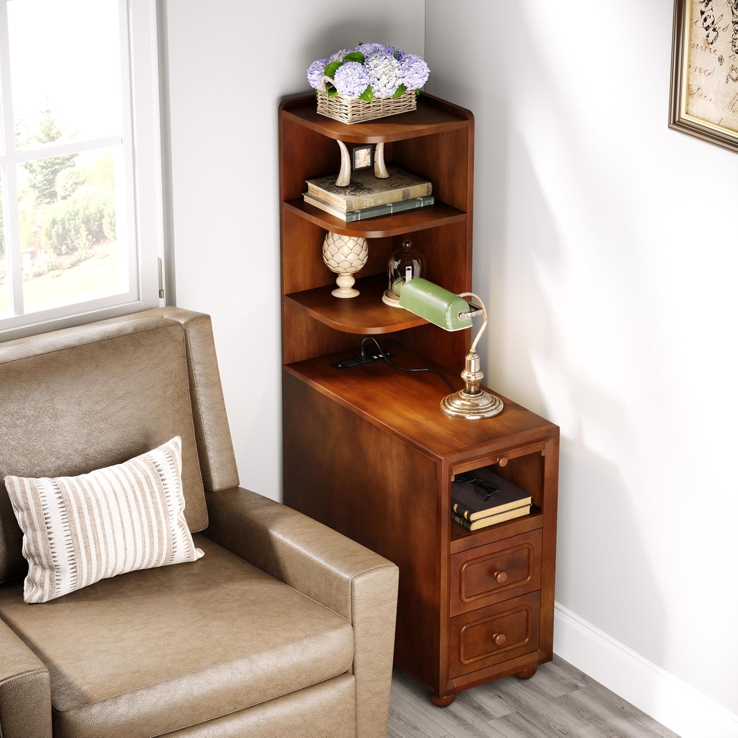 Solid Wood End Table with Charging Station and Reversible Corner Shelves, Tall Narrow Side Table with Drawers, USB Ports and Outlets for Living Room and Bedroom, Walnut