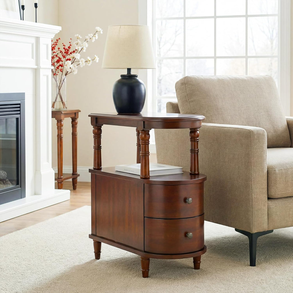 Narrow End Table with 2 Storage Drawers, Retro Vintage Sofa Beside Table, Wood Slim Telephone Table for Living Room,Saving-space, 23.4'L x 11.4'W x 25.3'H, No-Tools Assembly, Cherry Walnut BG-A508-CY
